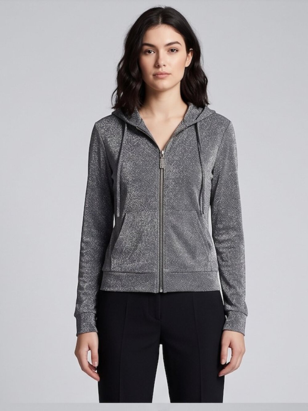 Moschino Jeans Vintage Metallic Silver Shimmer Zip-Up Hoodie Size 12